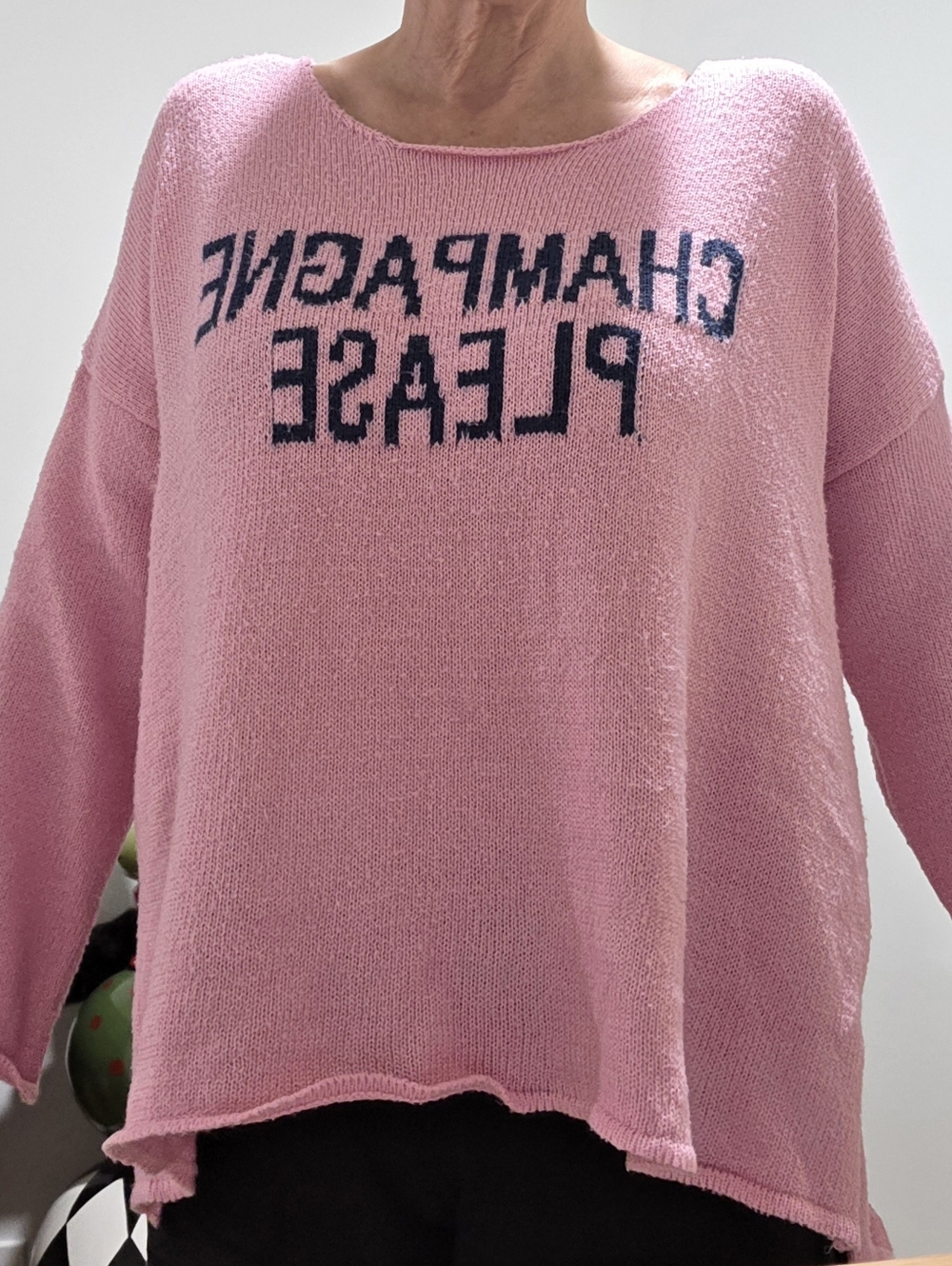 PINK KNIT SWEATER WITH 'CHAMPAGNE PLEASE' - SIZE LARGE